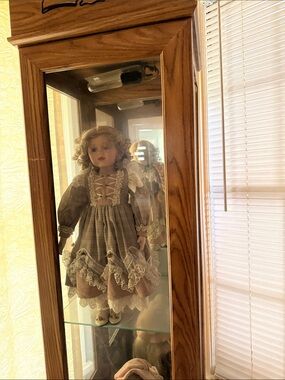 Porcelain Fashion Doll in Blue-Grey Plaid Dress by